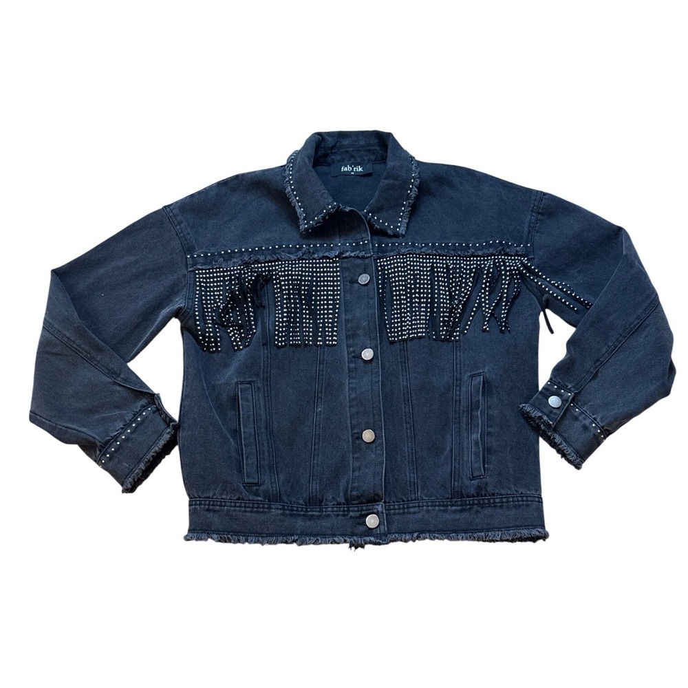 fab'rik Denim Jacket Women Black Studded Fringe Western Boho SIZE‎ XS